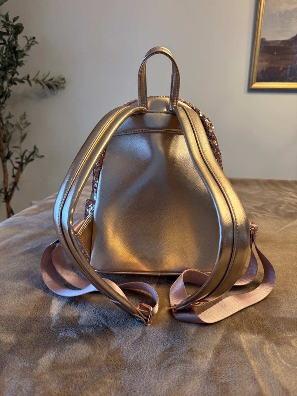 EUC! Loungefly Rose Gold Sequin Mini Backpack with Ears and a Metallic Bow - Picture 6 of 10